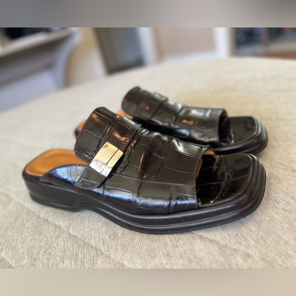 Y2K 90s HAROLD POWELL Sz 10 Croc Embossed Black Leather Square Toe Slides Phobe